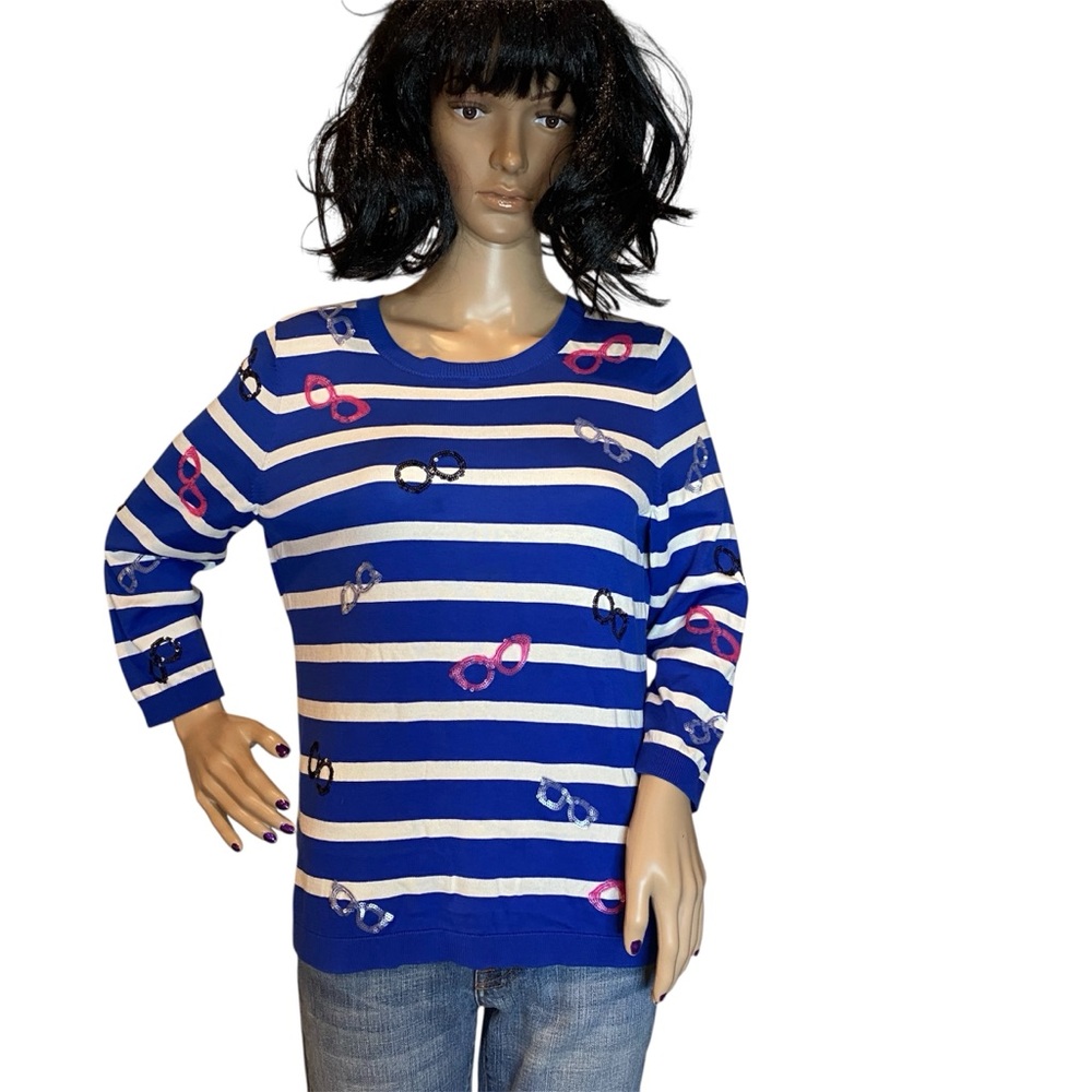 Talbots Striped Lightweight Sweater with Sequins Glasses Size Large Petite VGC